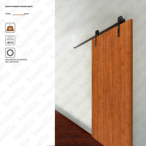 KIT.1005.3000 - Roda Ø70mm - C/ Softbrake - Sistema para divisões e portas correr de passagem em madeira - até 80Kg por folha - Portas 1,5 metros