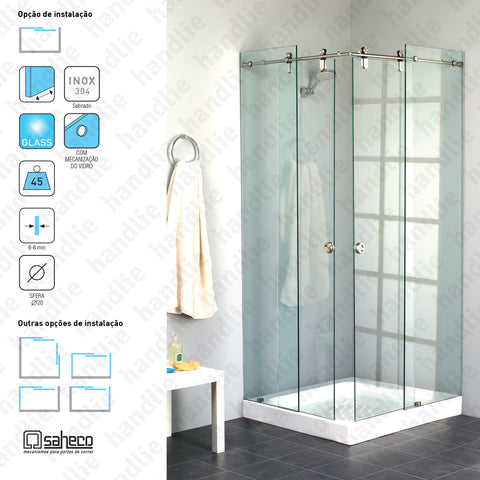 SV-I45 - Jogo de roldanas e perfil para portas de correr passagem em vidro - Até 45Kg - INOX | SAHECO