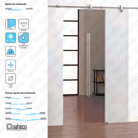 SV-I46 - Jogo de roldanas e perfil para portas de correr passagem em vidro - Até 45Kg - INOX | SAHECO