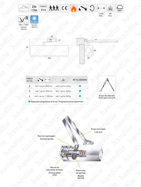 M.TS.2000NV - Mola aérea com braço articulado - Força 2»4 / 80Kg / 1100mm | GEZE