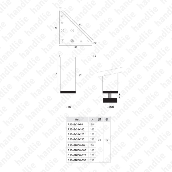 P.1042 / P.1042.N - Pés para móveis tubo 38x38mm - Alumínio