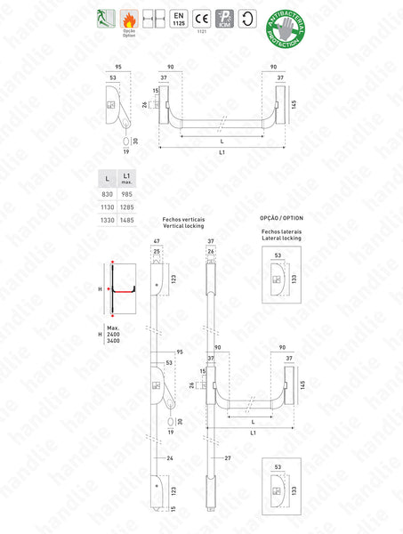IDEA BASE - Barra Anti-pânico de sobrepor 1 ponto fecho - Cinza Metal