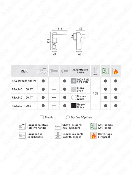 TRIM 9401.1007T - Puxador móvel cinza c/ cilindro (chave) para barras anti-pânico ISEO/DEA