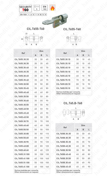 CIL.T655-T60 - Cilindro segurança perfil europeu T60 - Chave / Chave