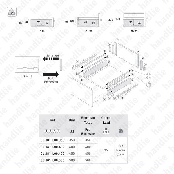 CL.181.1.00 - H.140 -  SPM QUICK SLIDE - Varões Redondos - Laterais com corrediças Soft-Close para gavetões 140 mm / Extração total / 35kg