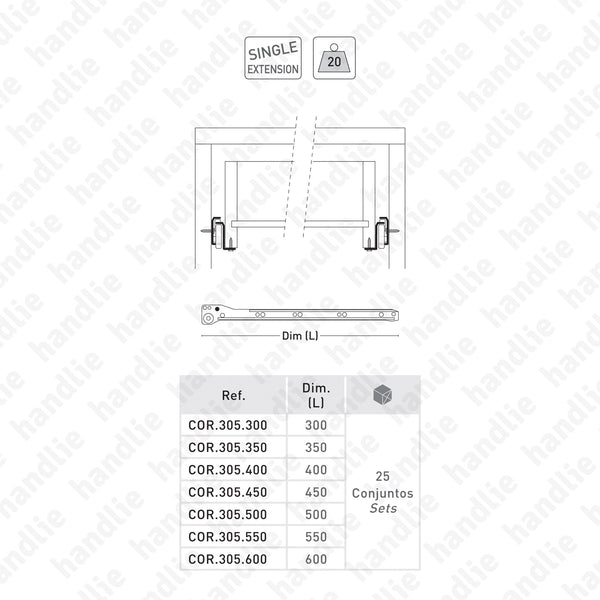 COR.305 - Corrediças para gavetas - Série económica - Extração parcial - 20Kg
