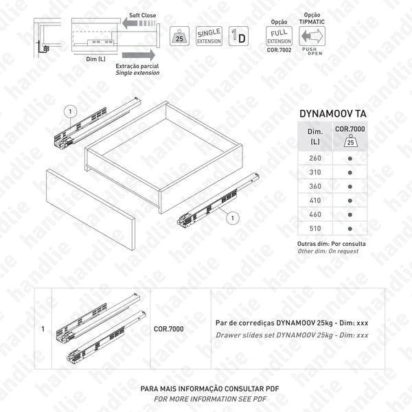 COR.7000 - DYNAMOOV TA - GRASS - Corrediças ocultas com Soft-Close para gavetas / Extração parcial / 25kg | GRASS