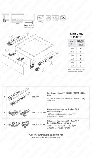 COR.7003 - DYNAMOOV TIPMATIC - GRASS - Corrediças ocultas TIPMATIC (Push Open) para gavetas / Extração total / 30kg | GRASS