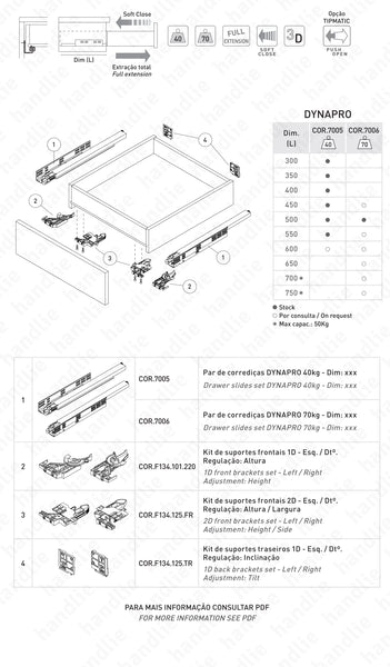 COR.7006.1 - DYNAPRO TMSC - GRASS - Corrediças ocultas com Soft-Close para gavetas / Extração total / 70kg | GRASS