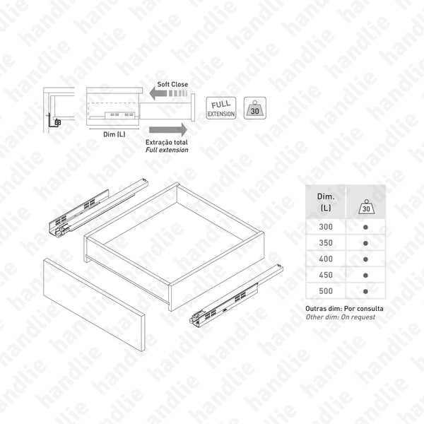COR.814 - Corrediças ocultas para gavetas / Extração total / 30Kg