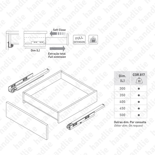 COR.817 - Corrediças ocultas com Soft-Close para gavetas / Extração total / 30Kg