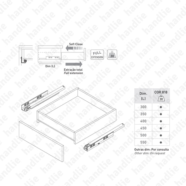 COR.818 - Corrediças ocultas para gavetas / Extração total / 30Kg