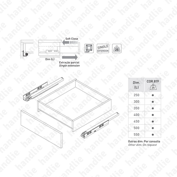 COR.819 - Corrediças ocultas para gavetas / Extração parcial / 25Kg