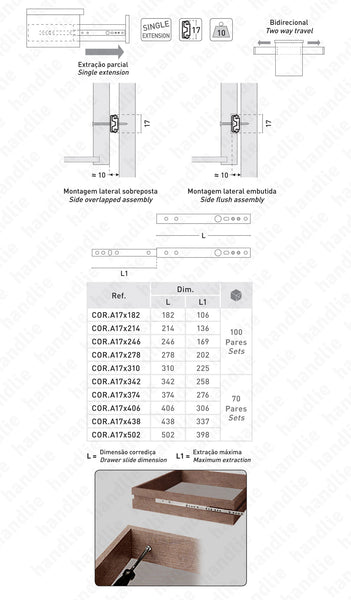 COR.A17 - Corrediças com esferas / Extração parcial / 10Kg (par)