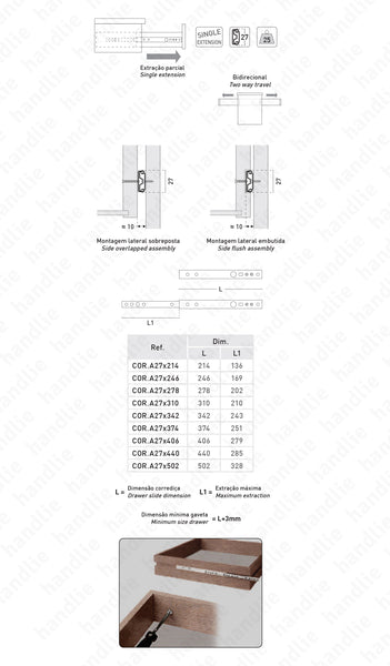 COR.A27 - Corrediças com esferas / Extração parcial / 25Kg (par)