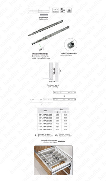 COR.A37.2L - Corrediças com esferas para gavetas / 2 Lanços / Extração total / 35Kg