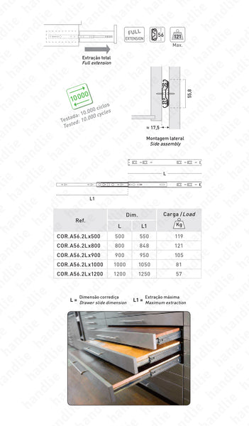 COR.A56.2L - Corrediças com esferas para gavetas / 2 Lanços / Extração total / Até 121kg