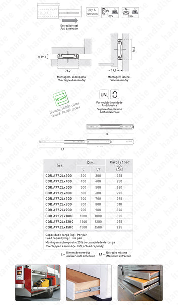 COR.A77.2L - Corrediça com esferas A77 progressiva - 2 Lanços / Extração total até 1500mm
