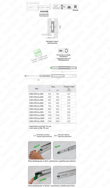 COR.A78.2L - com Retenção Fecho/Abertura - 2 Lanços / Extração total até 1500mm / 325kg