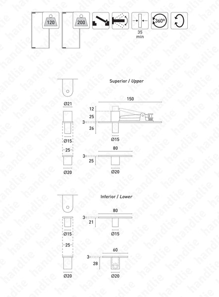 IN.05.197 - Giros pivotantes para portas batente ou vai-vem - 200kg - Inox