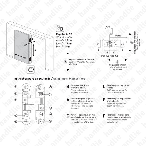 D.505.3D - Dobradiça oculta 3D - Preta - Carga 40Kg