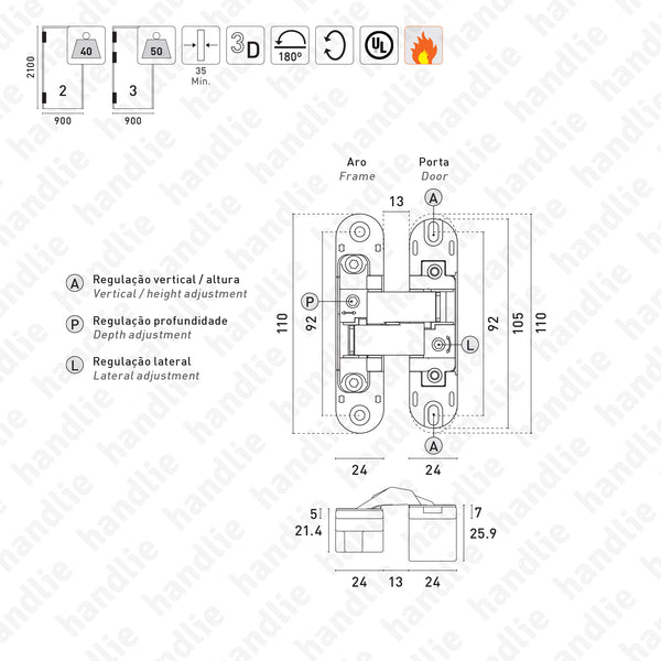 D.505.3D - Dobradiça oculta 3D - Carga 40Kg