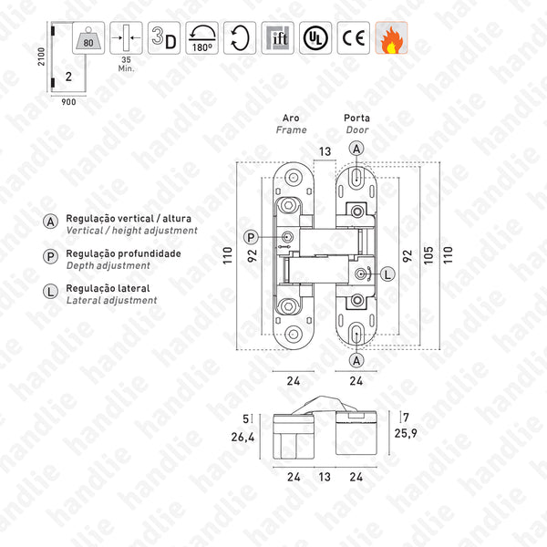 D.580.3D - Dobradiça oculta 3D - Carga 80 Kg