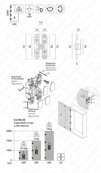 D.6100.3D.Z13 - Dobradiça para móveis oculta / invisível 3D - Carga 19kg (4 dobradiças)