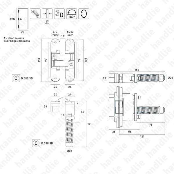 D.680.3D - Dobradiça oculta / invisível 3D - Com mola