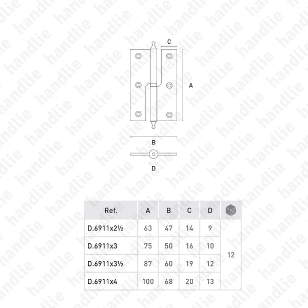 D.6911 - Dobradiça ½ balanço com pirâmide - Latão