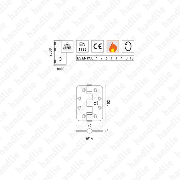 D.8182.R - Dobradiça fiel cantos redondos - Corta Fogo - Inox