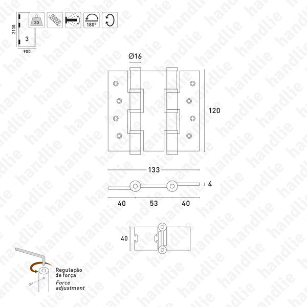 DM.5414.A - Dobradiças de mola acção dupla (Vai-Vem) 120mm - ALUMÍNIO