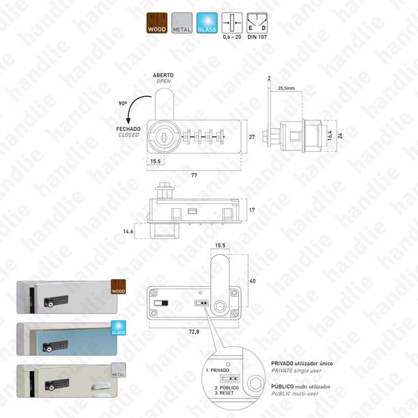 F.1051.V.0.20 - Fechadura com código para mobiliário - portas de madeira, vidro e metal