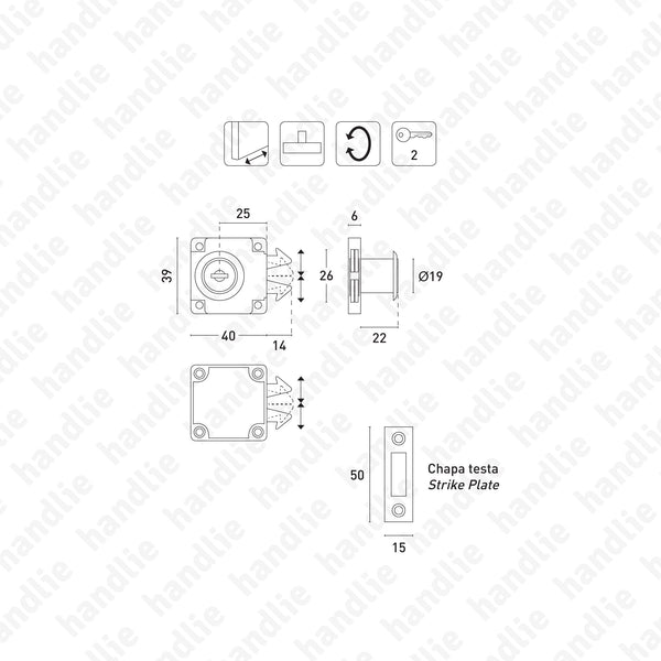 F.202.A com garras - Fechadura de sobrepor com cilindro e garras para armários com portas de correr
