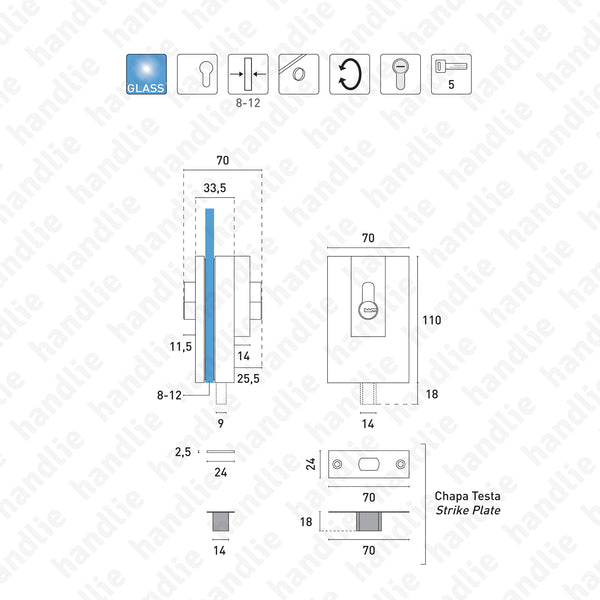 F.304V.6.03 - Fechadura para porta em vidro