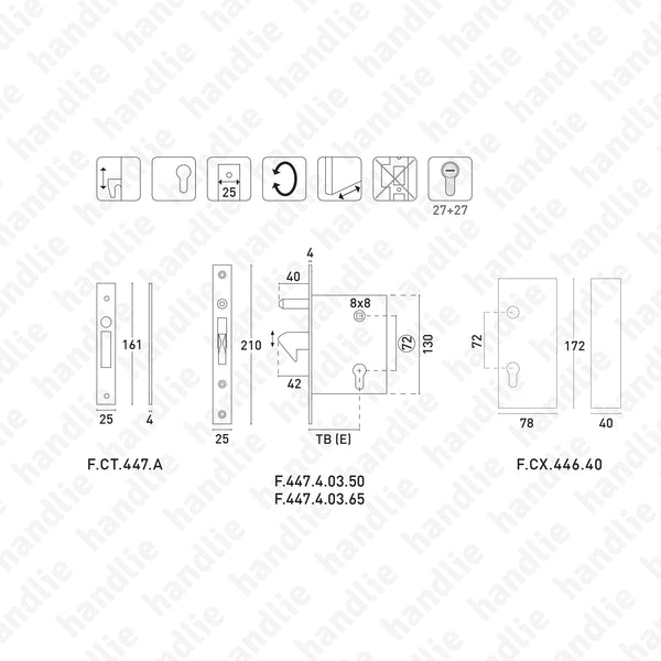 F.447.4.03 com gancho - Fechadura de embutir com gancho forte oscilante para cilindro europeu