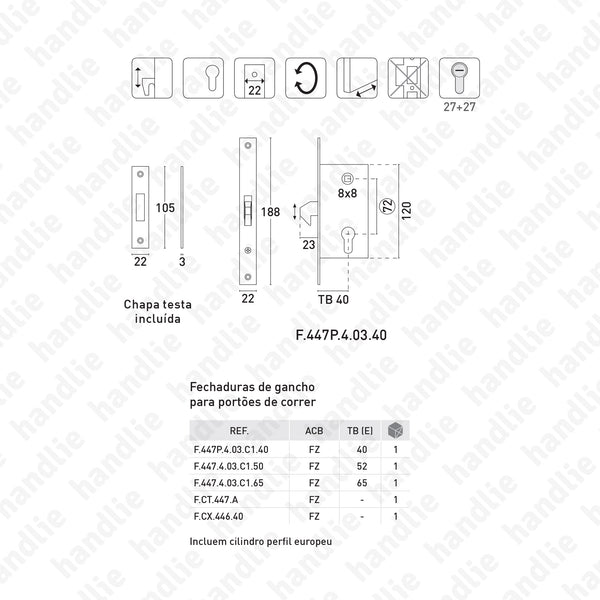 F.447P.4.03 - Fechadura de embutir com gancho forte oscilante para cilindro europeu