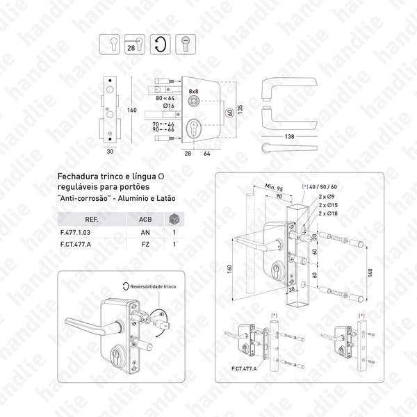 F.477.1.03 - Fechadura com trinco e língua reguláveis - Inoxidável