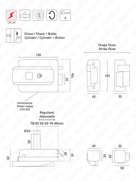 F.52N - Fechadura eléctrica de sobrepor MULTIFUNÇÕES - CH/CH - CH/BT - CH/CH+BT