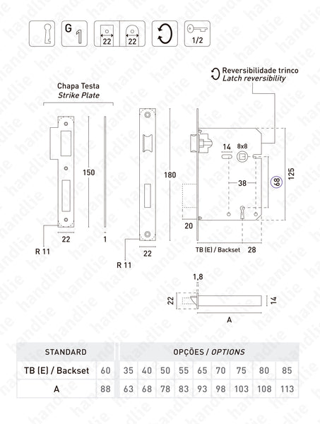 F.716.1.01 - Fechadura embutir com chave - Testa cantos rectos Inox / Latão