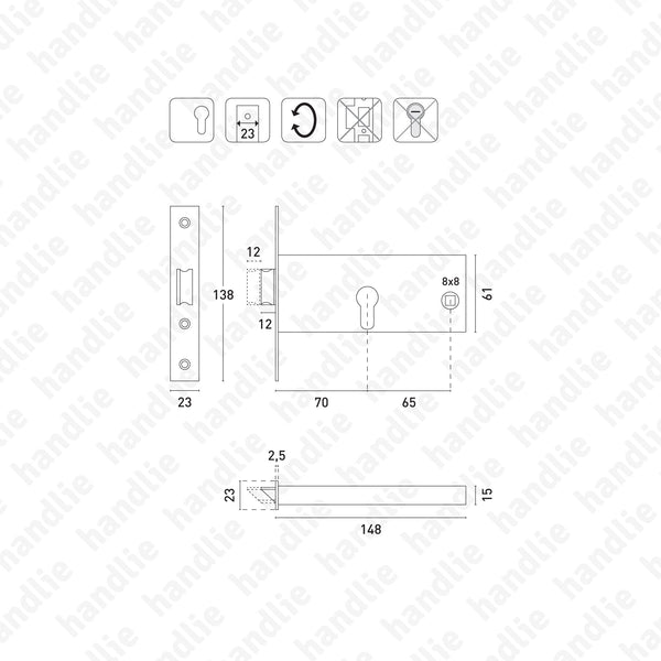 F.727.1.03 - Fechadura embutir (almofada) para cilindro europeu