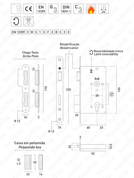 F.850.1.03.R - Fechadura embutir para cilindro europeu - INOX