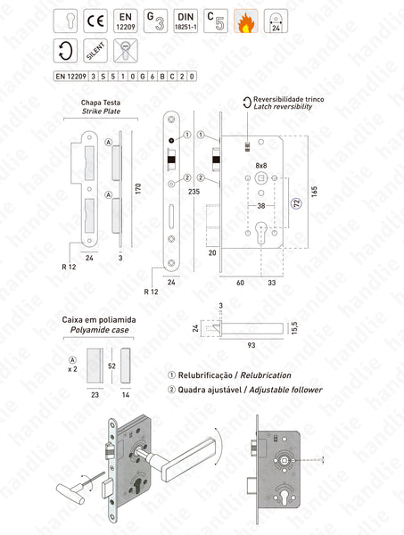 F.852.2.03.R - Fechadura embutir para cilindro europeu - Inox