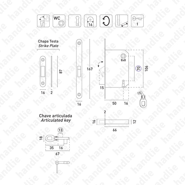 F.888.4.01.R - Fechadura embutir com gancho recolhível - Com quadra e chave articulada