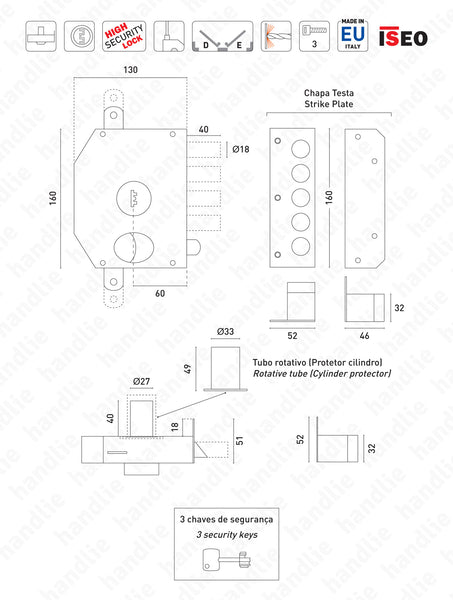 F.913105 - Fechadura alta segurança de sobrepor para trancas verticais