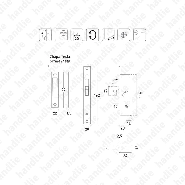 F.981.8.05 - Fechadura embutir com gancho recolhível com cilindro chave cruz