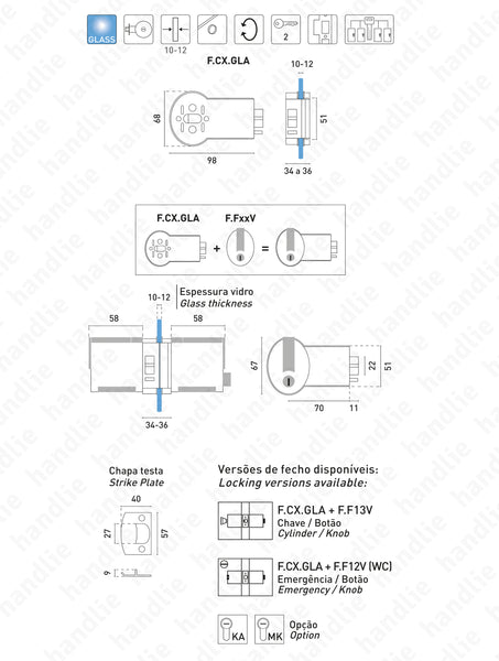 F.F12V - Série Premi Apri FORMA - Fechadura Tubular WC (Botão Emergência / Botão) - Aplicação em vidro