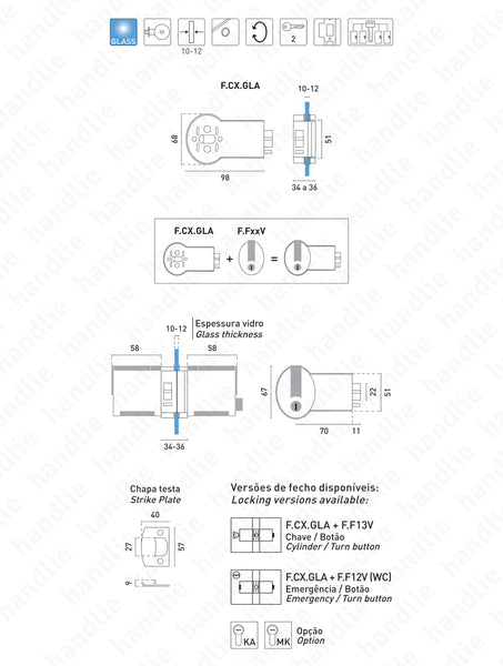 F.CX.GLA - Trinco com caixa adaptadora para portas de vidro - "Série Premi apri Forma"