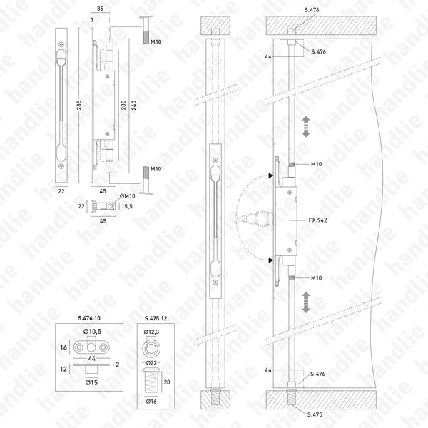 FX.942 - Fecho de embutir vertical, M10 - INOX