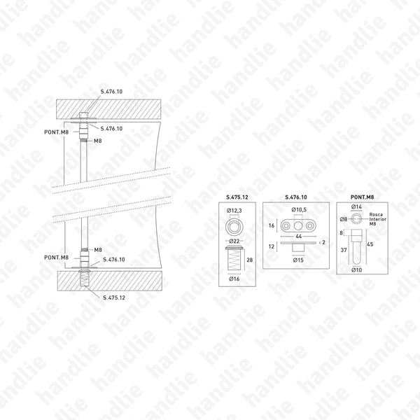 FX.943 - Fecho de embutir vertical, M8 - INOX